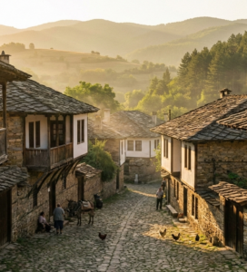 Каменни къщи в архитектурен резерват Ковачевица, селски туризъм около Банско