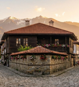 Калдъръмена улица в Стария град на Банско с изглед към планина Пирин.