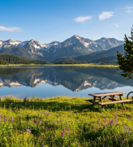 Спокойният язовир Белизма край Банско с изглед към Пирин планина