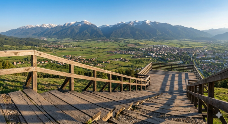 Panoramic view from the Steps alley in Razlog towards the Pirin Mountains.