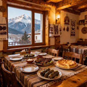 Traditional tavern in Bansko with authentic Bulgarian cuisine and a cozy fireplace.