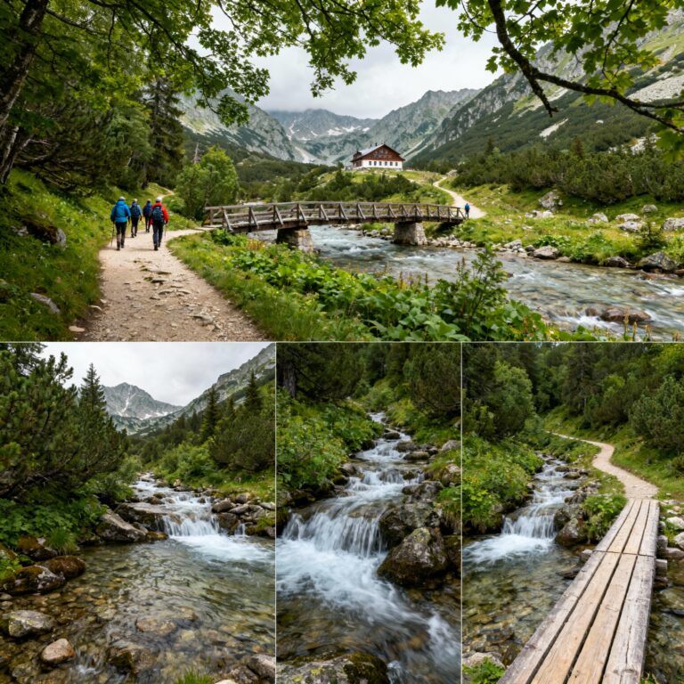 A collage of photos of the Demyanitsa River eco-trail in Pirin, showing tourists, a wooden bridge, Demyanitsa hut, and the raging river with waterfalls.