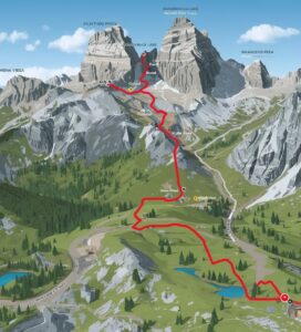 Илюстративна 3D карта на пешеходния маршрут от хижа Вихрен до хижа Синаница в Пирин, показваща трасето с червена линия през езерата и планинските била.