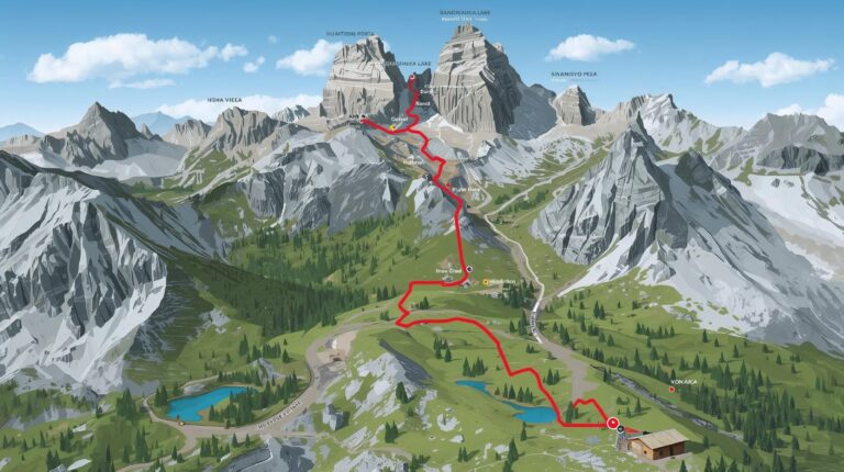 Illustrative 3D map of the hiking route from Vihren Hut to Sinanitsa Hut in Pirin, showing the route with a red line through the lakes and mountain ridges.