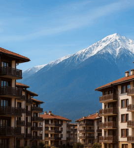 Жилищни сгради в Банско с панорамна гледка към заснежен връх на Пирин