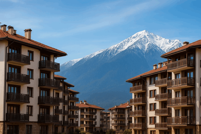 Residential buildings in Bansko with panoramic views of a snowy peak of Pirin
