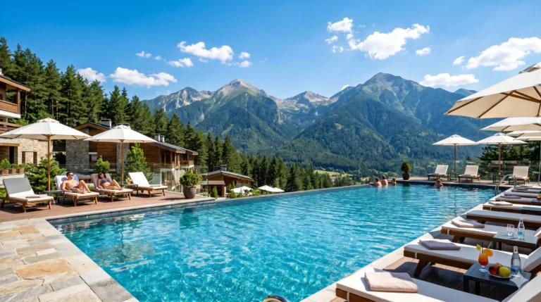 Outdoor pool in Bansko with a view of Pirin Mountain in summer