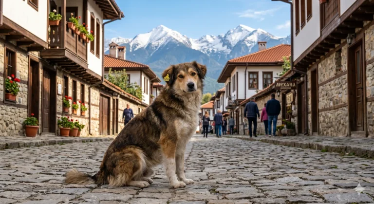Бездомно куче с ушна марка в Стария град на Банско на фона на Пирин планина.