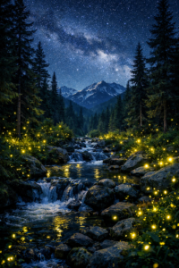 Fireflies in the forest near Bansko in the summer