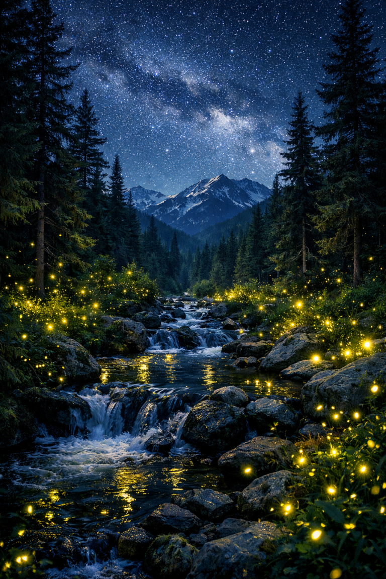 Fireflies in the forest near Bansko in the summer