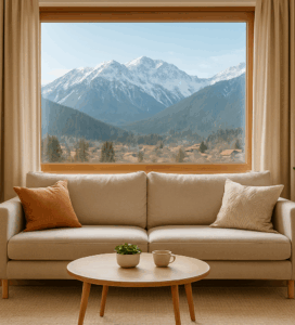 Стилно обзаведена всекидневна с голям прозорец, през който се вижда планината Пирин и къщи в Банско.