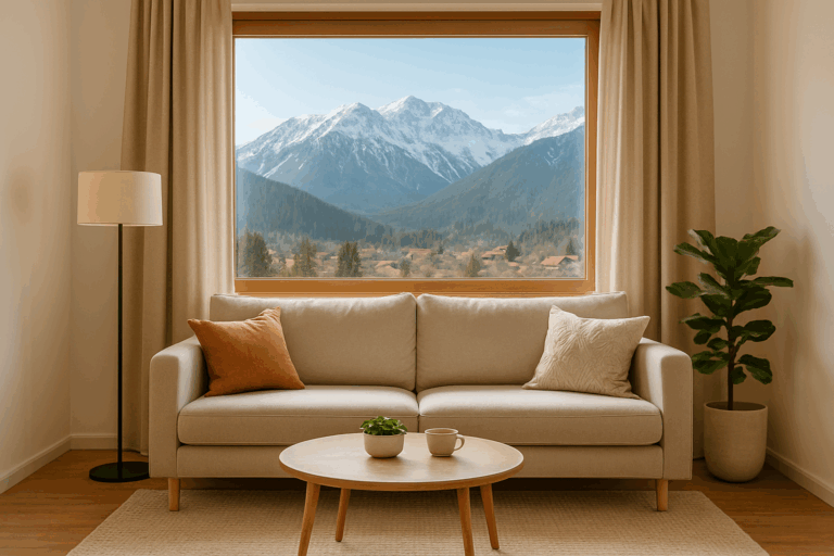 Stylishly furnished living room with a large window overlooking the Pirin Mountains and houses in Bansko.