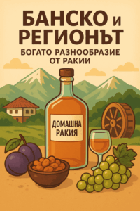 Илюстрация на домашна ракия, грозде и сливи на фона на Пирин планина и традиционна къща в Банско.