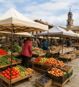 Стойки със свежи плодове и зеленчуци на Неделния пазар в Банско, с хора и търговци под шатри в центъра на града.