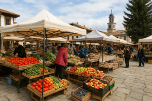 Fresh fruit and vegetable stands at the Sunday market in Bansko, with people and vendors under tents in the city center.