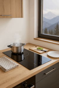 Two-zone induction hob on wooden countertop in modern kitchen with saucepan and mountain view through window