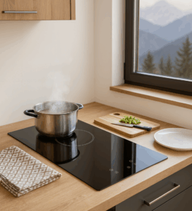 Дву-зонова индукционна плоча върху дървен плот в модерна кухня с тенджера и планински изглед през прозореца