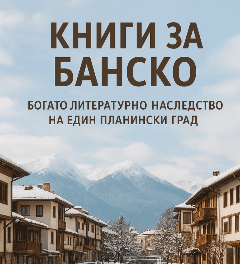 Poster with the inscription "Books about Bansko - a rich literary heritage of a mountain town" against the background of a winter view of Bansko and Pirin
