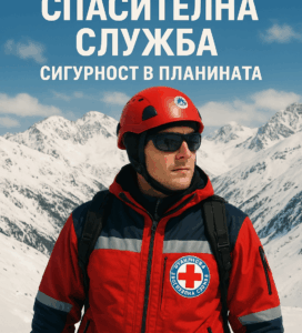 Планински спасител в червено-синя униформа и каска стои в заснежени планини, с текст „Планинска спасителна служба – Сигурност в планината“ над него.