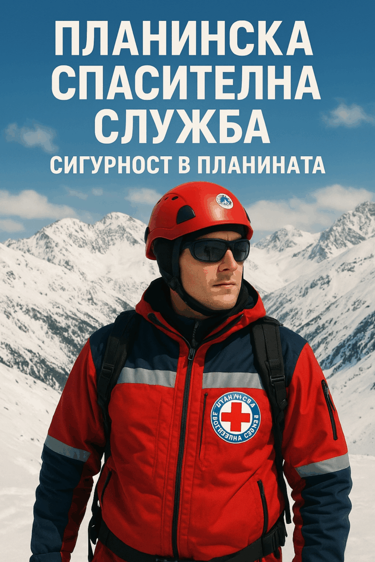 A mountain rescuer in a red and blue uniform and helmet stands in snowy mountains, with the text "Mountain Rescue Service - Mountain Safety" above him.
