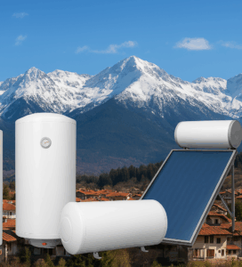 Различни видове бойлери на фона на планина Пирин и град Банско