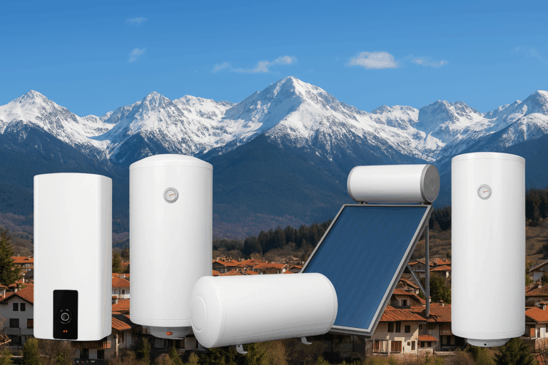 Different types of water heaters against the backdrop of Pirin Mountain and the town of Bansko