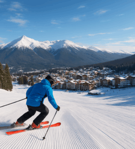 Скиор спуска заснежена писта в Банско с панорамен изглед към Пирин планина и зимния курорт на заден план.