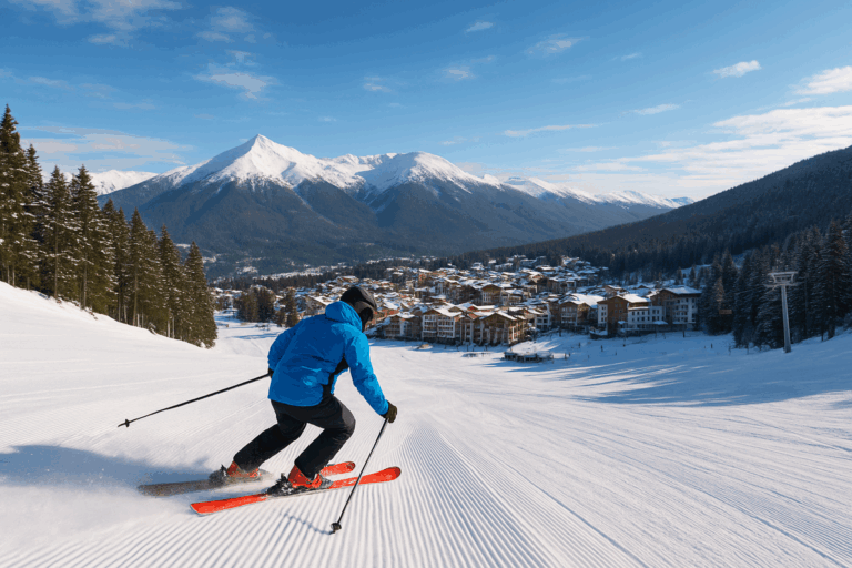 A skier skis down a snowy slope in Bansko with a panoramic view of the Pirin Mountains and the winter resort in the background.