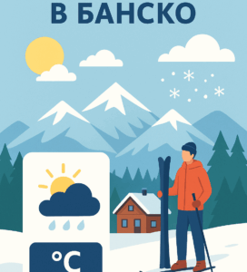 Илюстрация на планински пейзаж в Банско с пиктограми за прогноза на времето и скиор на снежен фон.