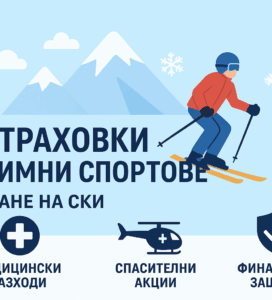 Скиори в планината Пирин с икона на застраховка – безопасност при зимни спортове в Банско