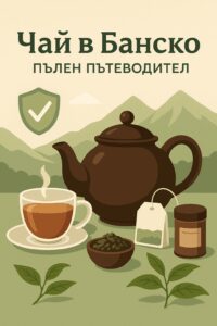 Иллюстрация чайника, чашки горячего чая и трав на фоне Пиринских гор — чайная культура в Банско.
