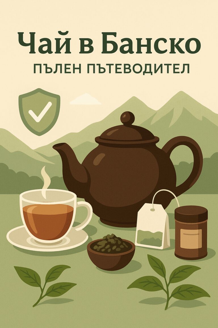 Иллюстрация чайника, чашки горячего чая и трав на фоне Пиринских гор — чайная культура в Банско.