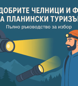 Илюстрация на челници и фенери за планински туризъм с турист и планински фон