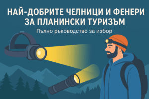 Illustration of headlamps and lanterns for mountain hiking with a tourist and mountain background