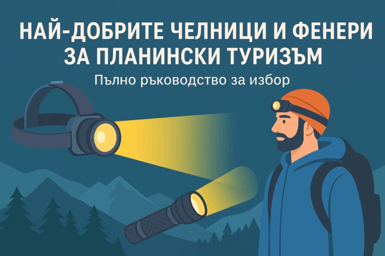 Илюстрация на челници и фенери за планински туризъм с турист и планински фон