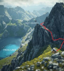 Илюстративна 3D карта на високопланинския маршрут от хижа Вихрен покрай Жабешкото езеро към Тевно езеро в Пирин, с маркирана червена траектория през скалистите върхове.