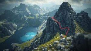 Illustrative 3D map of the high-mountain route from Vihren hut along Zhabeshkoto Lake to Tevno Lake in Pirin, with a marked red trajectory through the rocky peaks.