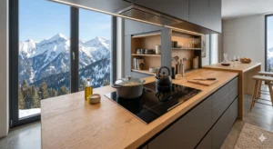 Двойни индукционни котлони за вграждане в модерен апартамент в Банско с изглед към планината.