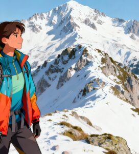 Илюстрация на планинар в Пирин с модерна екипировка, мембранно яке, раница и заснежени върхове над Банско на заден план