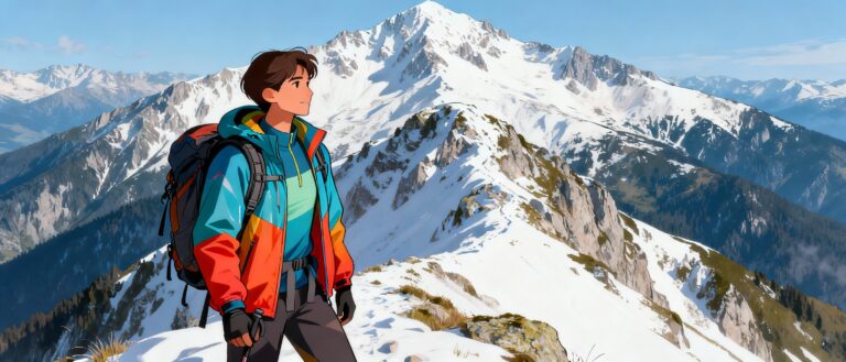 Illustration of a mountaineer in Pirin with modern equipment, membrane jacket, backpack and snowy peaks above Bansko in the background