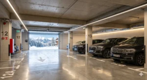 Подземен гараж в модерен жилищен комплекс в Банско със защитени паркоместа.