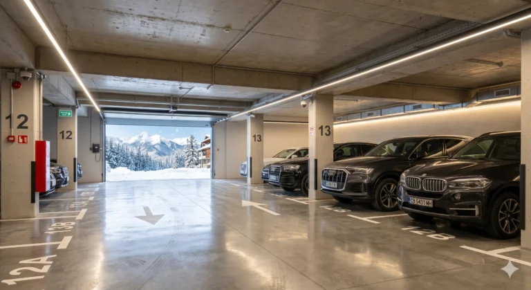 Подземен гараж в модерен жилищен комплекс в Банско със защитени паркоместа.