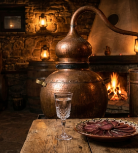 Традиционен меден казан за изваряване на ракия в Банско и дегустационна чаша.