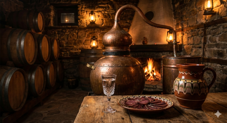 Traditional copper cauldron for distilling rakia in Bansko and a tasting glass.