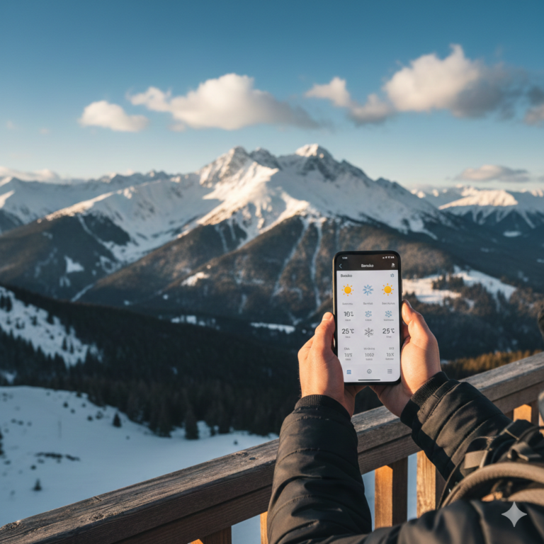 A man checks the weather forecast in Bansko on his phone in front of Pirin Mountain