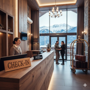 Hotel reception in Bansko during check-in.