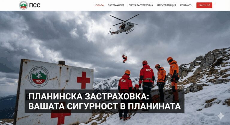 Драматична снимка на екип от Планинската спасителна служба (ПСС) в червени униформи по време на акция с хеликоптер в заснежена планина. На преден план има табела с логото на ПСС и голям надпис върху снимката: "Планинска застраховка: Вашата сигурност в планината".