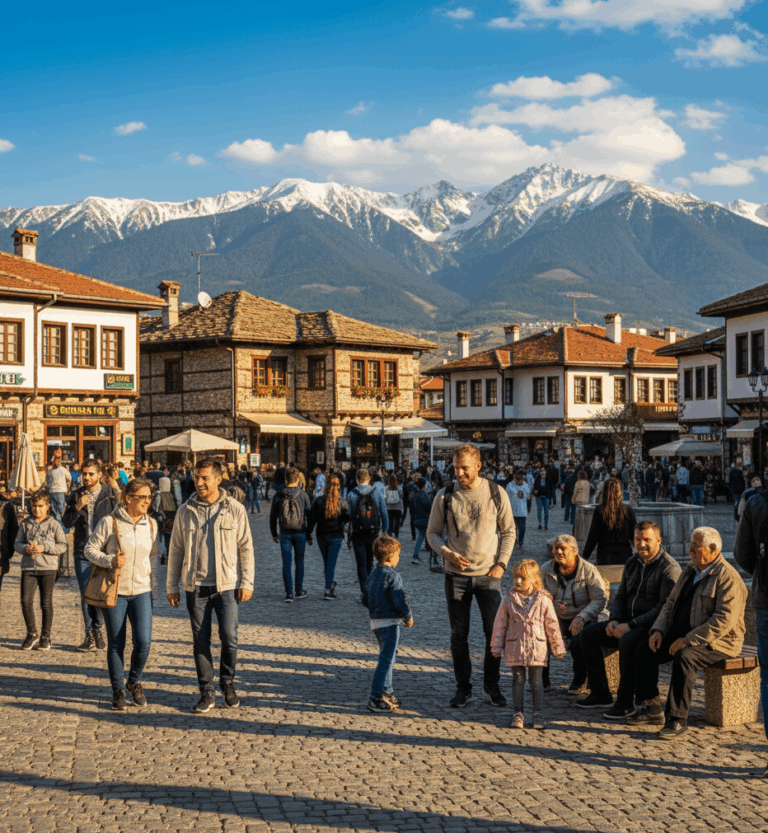 People of different ages and nationalities stroll and relax in Bansko's paved central square, surrounded by traditional Bulgarian houses and against the backdrop of the majestic snow-capped peaks of Pirin.