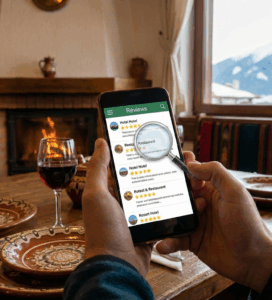 Ръце държат смартфон с екран, показващ приложение за отзиви на хотели и ресторанти с икона на лупа върху тях. На преден план има рустикална дървена маса с традиционна шарена керамика и чаша червено вино. На заден план се вижда запалена камина и голям прозорец с гледка към заснежени планини