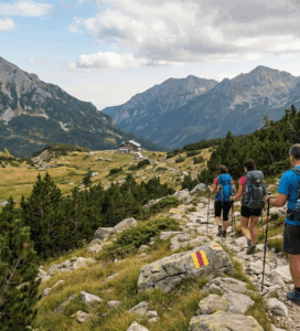 Трима планинари с раници и щеки вървят по камениста маркирана пътека в Пирин, с гледка към планинска хижа в долината и високи върхове на заден план.